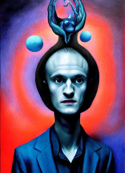 Image similar to vitalik buterin in the style of leonora carrington, gottfried helnwein, raqib shaw, chiaroscuro intricate composition, blue light by caravaggio, insanely quality, highly detailed, masterpiece, red light, artstation