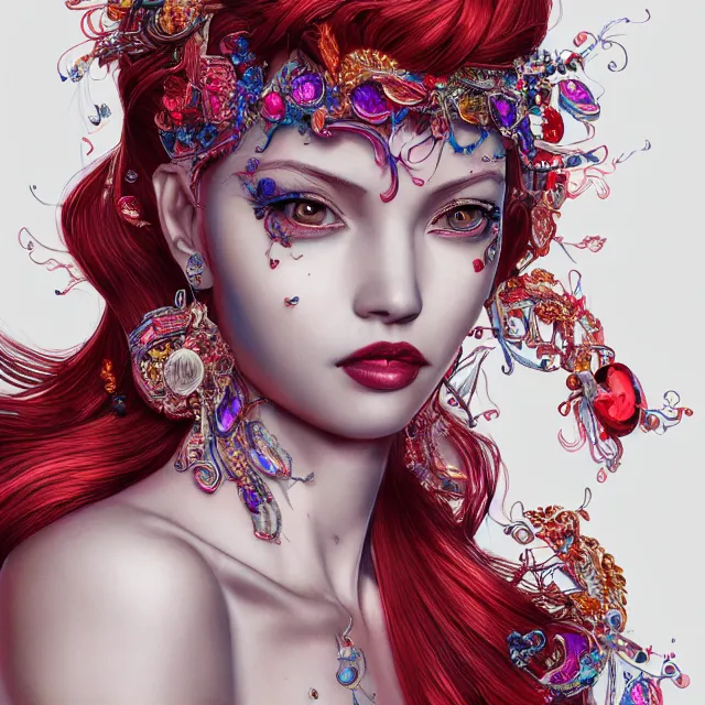 Image similar to an absurdly beautiful, elegant, young hypercolorful sensual woman made of rubies and red gems, ultrafine hyperrealistic detailed face illustration by kim jung gi, irakli nadar, intricate linework, sharp focus, bright colors, matte, octopath traveler, final fantasy, unreal engine highly rendered, global illumination, radiant light, intricate environment