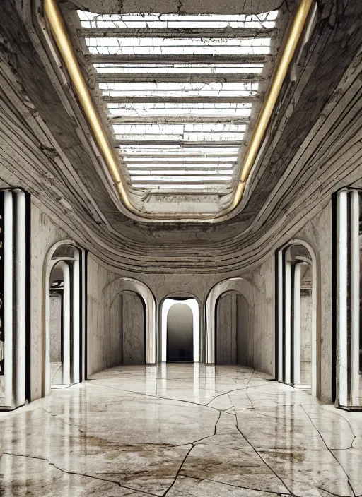 Prompt: “derelict architecture single building , marble flooring, building designed by architect Oscar Niemeyer, architecture digest, building surrounded in a luxury environment, bright tones, fluorescent lighting,volumetric Lighting, photorealism, high detail, golden ratio, cinematic, octane renderer”