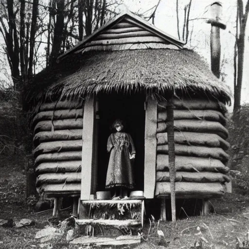 Prompt: A vintage photo of a witches hut with a witch standing on the Porch, 70s, vintage, old