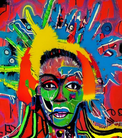 Prompt: expressive acrylic painting of a bizarre psychedelic woman in a rainbow in tokyo, mixed media collage by basquiat and jackson pollock, maximalist magazine collage art, retro psychedelic illustration