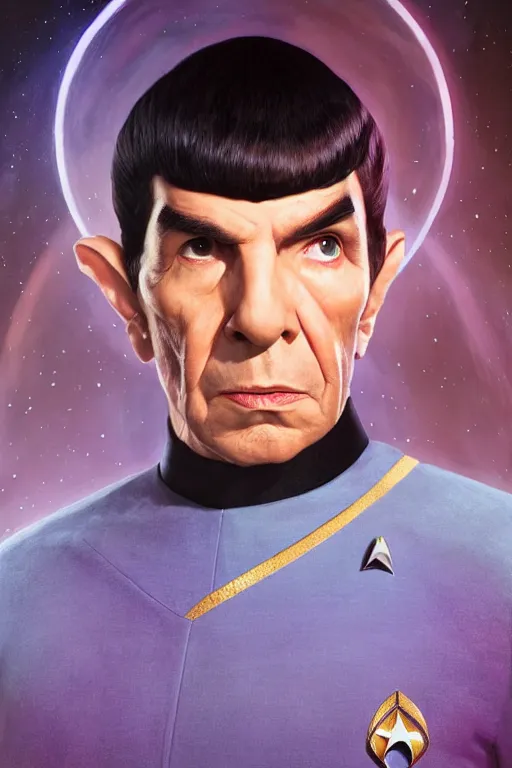 Prompt: portrait photograph of spock as a glorious regal space king, sleek outfit, upper body, fantasy, handsome, depth of field, soft focus, highly detailed, intricate, realistic, national geographic cover, soft glow, textured, artstation, concept art, sharp focus, illustration, art by artgerm and greg rutkowski and alphonse mucha