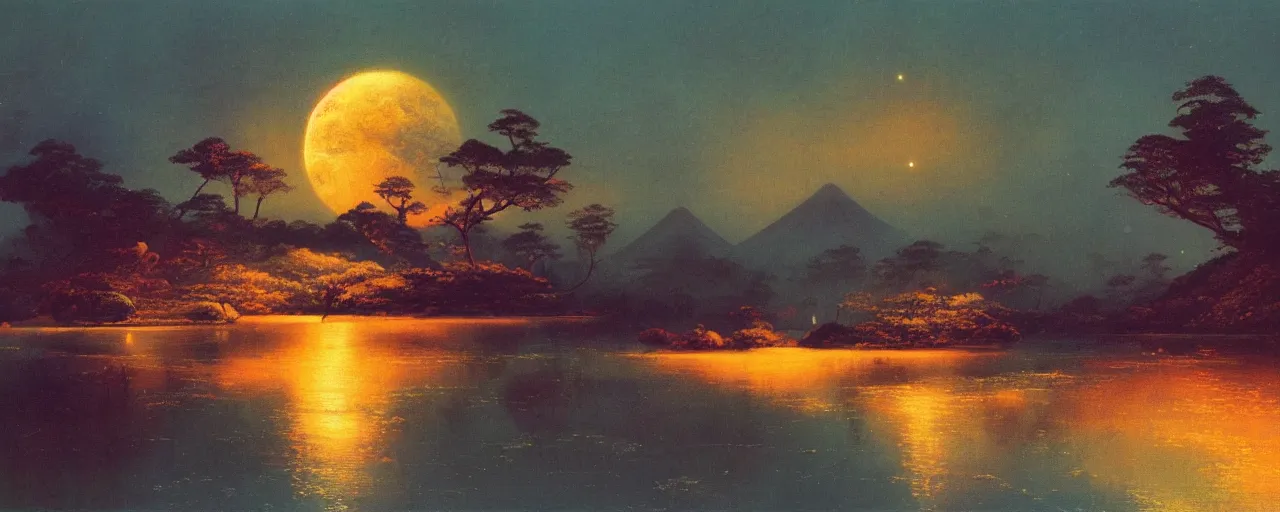 Image similar to awe inspiring bruce pennington river landscape, digital art painting of 1 9 6 0 s, japan at night, 4 k, matte