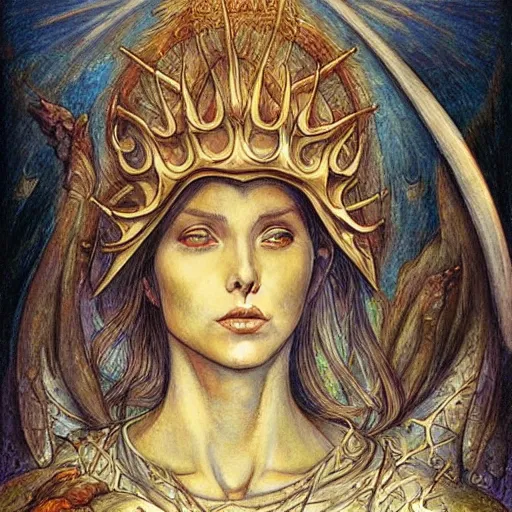 Image similar to most beautiful jeanne d'arc in the style of william blake, terese nielsen, detailed, intricate, beautiful faces, steve argyle, loss of sanity, ecclesial wolf's den pastoral fantastic reality