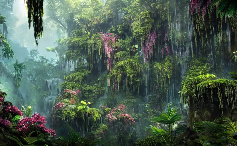 Image similar to a beautiful render of a dark prehistoric rainforest in a humongous cave, lush flora, patches of sky, magenta flowers, sunset, floating mountains and a waterfall in the background, intricate detail, hazy, humid, volumetric lighting, 8 k, photorealistic, raytracing effects, unreal engine 5