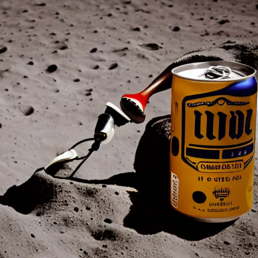 Image similar to photo of an idle electric guitar and a beer can sitting on the moon surface