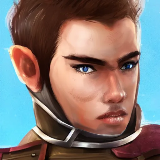 Image similar to character portrait young scarred captain knight with a steel breastplate, short brown hair and stubble. straight nose, brown eyes, lean face and build. hyper detailed