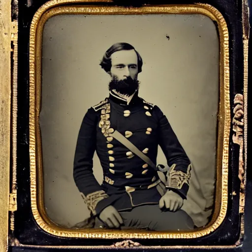 Image similar to A daguerreotype of Robert Llewellyn dressed in 19th century military uniform, regal, refined, highly detailed