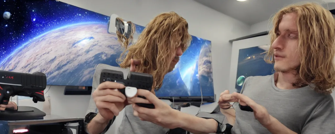 Image similar to skinny guy with long blond hair plays playstation 5 in space