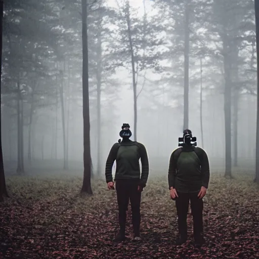 Prompt: high realistic photo portrait group of men with gas masks in a foggy forest, cinestill 800t 35mm, heavy grain, high quality