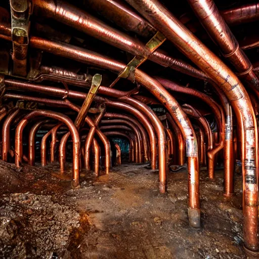 Prompt: underground copper mine, rusty pipes, high ceiling