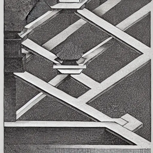 Prompt: geometrically obsessed, etching by Maurits Cornelis Escher, highly detailed