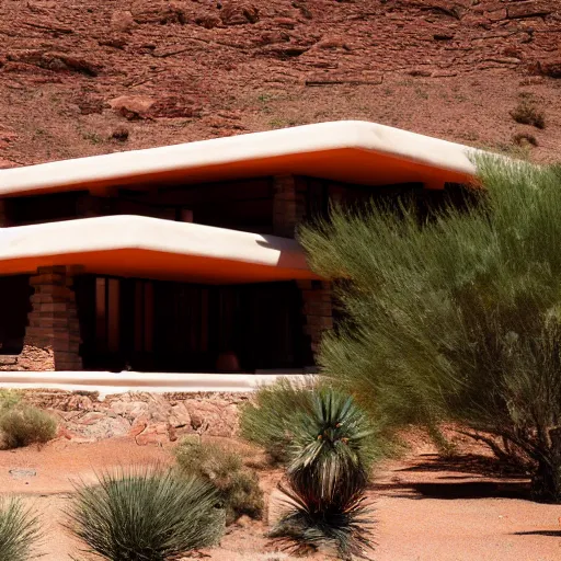 Image similar to A house designed by Frank Lloyd Wright in the middle of the desert, photographed by Fernando Guerra, realistic, 4k, detailed