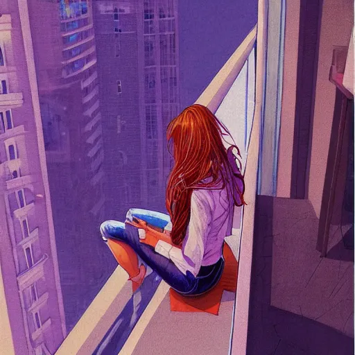 Prompt: a beautiful artwork of a woman in jeans and a white shirt sitting on the balcony of a hotel at night, top view, neon and rainy theme atmosphere by Jerome Opeña, featured on artstation