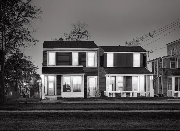 Image similar to small suburban houses in America at night inspired by Edward Hopper, Photographic stills, photography, fantasy, moody lighting, dark mood, imagination, cinematic