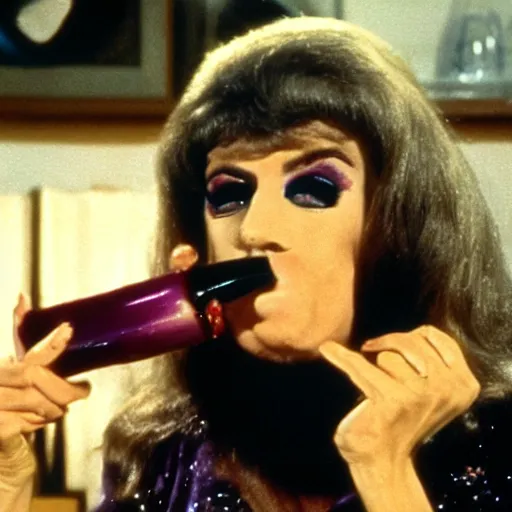 Prompt: 1974 woman on a television show with a long prosthetic snout nose, big nostrils, wearing a dress, 1974 French film color archival footage technicolor film expired film 16mm Fellini new wave John Waters Russ Meyer movie still