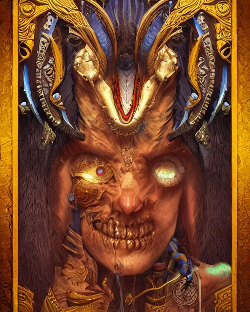 Prompt: digital painting of cizin, mayan god of death by filipe pagliuso and justin gerard, symmetric, fantasy, highly detailed, realistic, intricate, portrait, sharp focus, tarot card