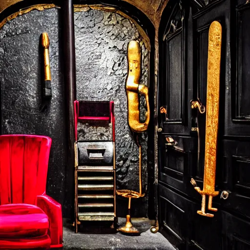 Prompt: a red chair surrounded by sinister and sinuous tools made of gold at the end of a black stone hallway