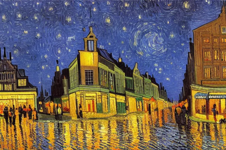 Image similar to oil painting of modern Eindhoven city by night, painted by Vincent van Gogh