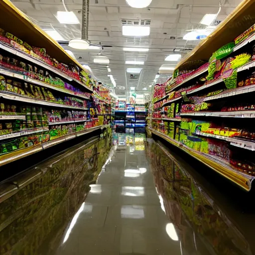 Image similar to photo of a grocery store interior, the floor is flooded with one meter deep water. eerie, volumetric lighting.