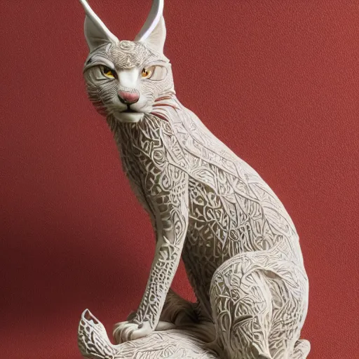 Prompt: A photo-real delicate ceramic porcelain sculpture of an ornate detailed cute caracal in front of a intricate background by Victo Ngai and takato yamamoto, micro detail, backlit lighting, subsurface scattering, translucent, thin porcelain, octane renderer, colorful, physically based rendering, japanese pottery, trending on cgsociety