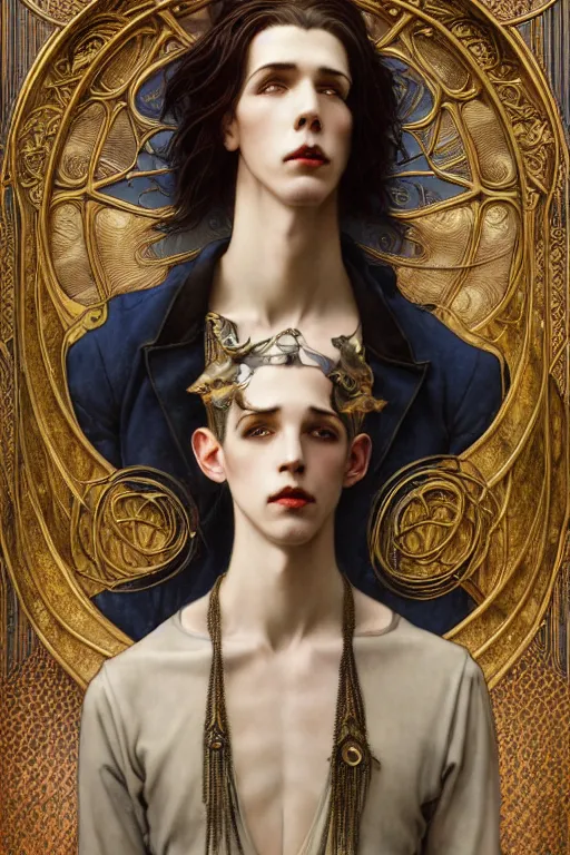 Image similar to edmund dulac, leyendecker, highly detailed portrait, a beautiful androgynous sebastian michaelis, long hair, tall and thin, wearing several pendants, art nouveau, stephen bliss, unreal engine, by greg rutkowski, loish, ferdinand knab, ilya kuvshinov, rossdraws, tom bagshaw, alphonse mucha, global illumination, radiant light