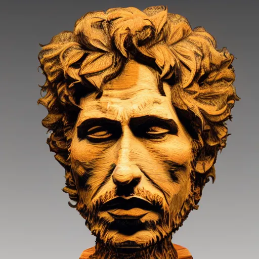 Prompt: accurate sculpture portrait of a bob dylan, symmetrical face, carved out of red oak wood on a pedestal art by vincent van gogh, dramatic lighting, artsy, 8 k