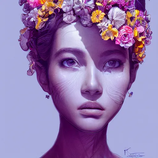 Image similar to the portrait of an absurdly beautiful, graceful, elegant young woman made of bananas and petals, an ultrafine detailed illustration by kim jung gi, irakli nadar, intricate linework, bright colors, octopath traveler, final fantasy, angular, unreal engine 5 highly rendered, global illumination, radiant light, detailed and intricate environment