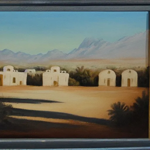 Prompt: a beautiful painting of a village in the desert, white houses, two suns