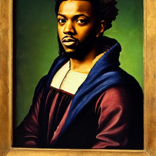 Image similar to a renaissance style portrait painting of kendrick lamar