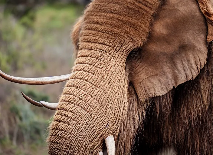 Prompt: closeup of a very wooly brown hairy mammoth, ((elephant)), mastodon, mammoth, detailed fur, zoo photography, National Geographic, HD,