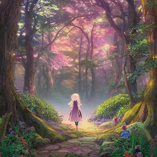 Image similar to the aesthetic view of the beautiful, grand, wistful, dreamy hidden forest at dusk, hyperrealistic anime illustration by iralki nadar, colorful, extremely detailed, intricate linework, super sharp focus, bright colors, octopath traveler, studio ghibli, unreal engine 5 highly rendered, global illumination, radiant light, detailed and intricate environment