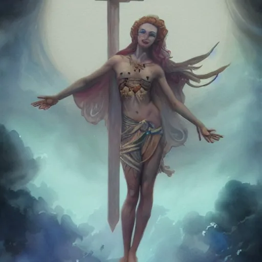 Image similar to full body portrait, long shot, Crucifixion pose, of a beautiful goddess, sworming in flowers, magical, pale skin, blue eyes, long black hair, floating in a misty daze, by pete mohrbacher and greg rutkowski, watercolor painting, deviantart, pinterest