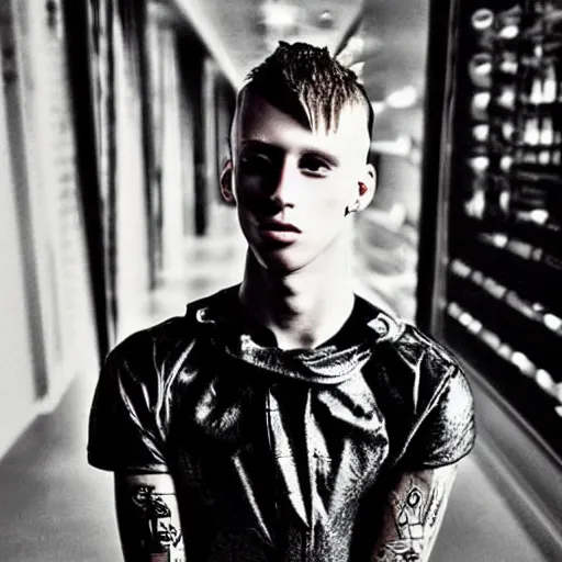 Image similar to “a realistic detailed photo of a guy who is an attractive humanoid who is half robot and half humanoid, who is a male android, rapper Machine Gun Kelly, shiny skin, posing like a statue, blank stare”