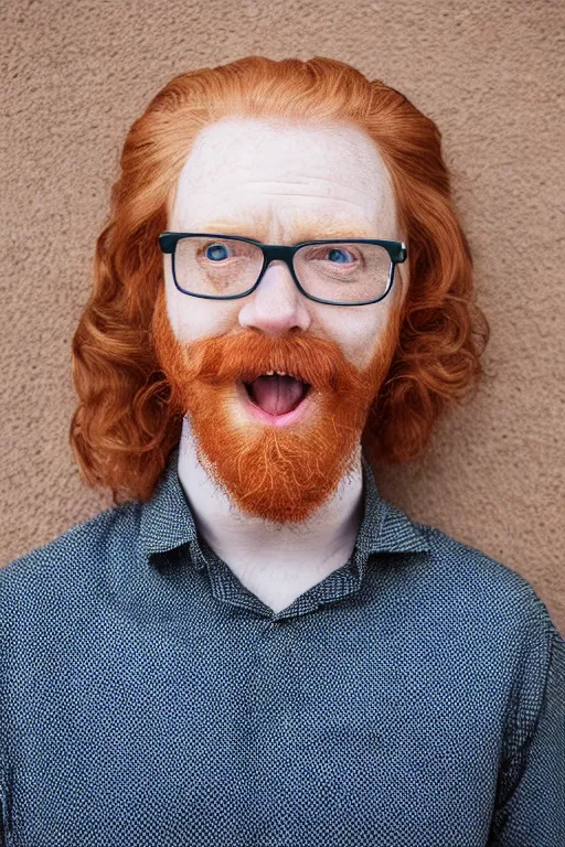 Image similar to full body photo of a 5 0 year old ginger men, full hair, large and crooked teeth and mouth, nerdy appearance, smooth, sharp, 8 5 mm, f / 1. 3