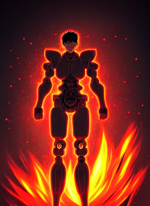 Image similar to a detailed manga full body portrait illustration of a dark haired cyborg anime man surrounded by fire, detailed artwork, realism, 4 k resolution, detailed, high quality, sharp focus, hq artwork, insane detail, volumetric lighting, character concept art, fine details, clear subject, central subject