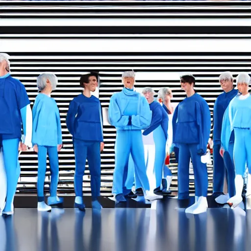 Image similar to group of identical athletic humans with light blue neoprene suits and white hair standing in a line on a conveyor belt, background of advanced futuristic laboratory, sci - fi, highly detailed, hyperrealistic