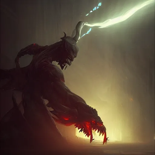 Image similar to a lightning demon fighting a shadow demon at the gates of hell, greg rutkowski, 8 k, shallow depth of field, moody lighting, ultra high detail, concept art,