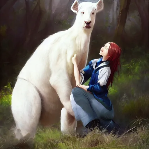 Image similar to a person hugging a large white animal, a detailed painting by krenz cushart, pixiv contest winner, fantasy art, official art, detailed painting, pixiv. highly detailed. 4 k masterpiece. unreal engine. photorealistic. realism. cinematic. photorealism. wideshot