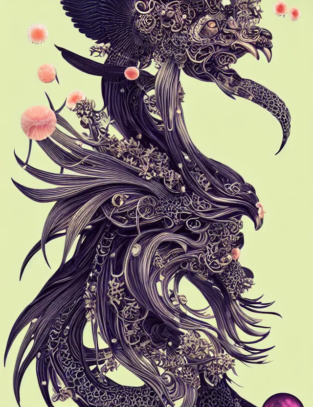 Image similar to 3 d goddess close - up profile portrait ram skull. beautiful intricately detailed japanese crow kitsune mask and clasical japanese kimono. betta fish, jellyfish phoenix, bio luminescent, plasma, ice, water, wind, creature, artwork by tooth wu and wlop and beeple and greg rutkowski