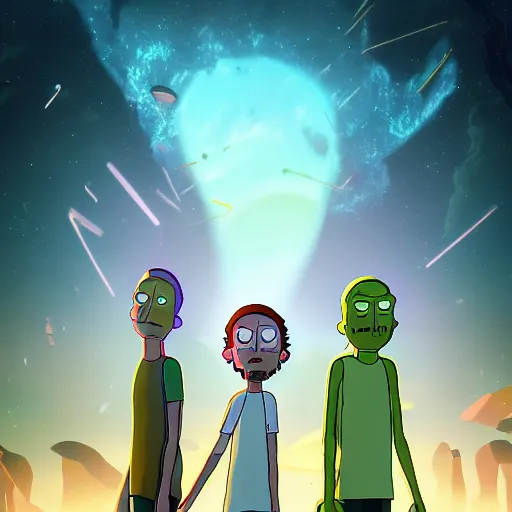 Image similar to full body pose, hyperrealistic photograph of rick and morty, dim volumetric lighting, 8 k, octane beautifully detailed render, extremely hyper detailed, intricate, epic composition, cinematic lighting, masterpiece, trending on artstation, very very detailed, stunning, hdr, smooth, sharp focus, high resolution, award, winning photo, dslr, 5 0 mm