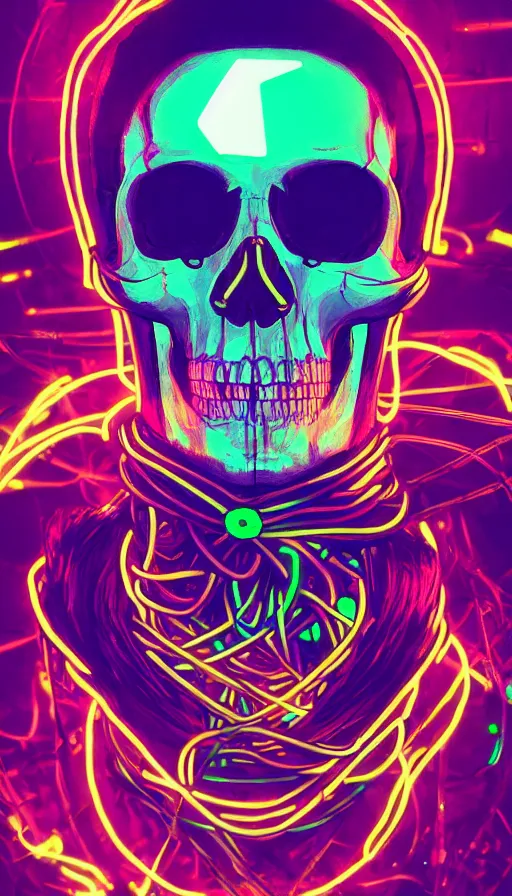 Prompt: a colorful skull with a cross on it's forehead, cyberpunk art by stanley twardowicz, cgsociety, computer art, neon, wallpaper, glowing neon