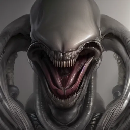 Image similar to xenomorph smiling, facing the camera in a dark hallway, CGSociety, photorealistic, highly detailed, sharp, not blurry, ultra-photorealistic, postprocessing