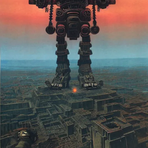 Prompt: giant mayan mecha with flaming eyes standing over city, perfectly clear face, shadow of the colossus screenshot by j. c. leyendecker, studio ghibli, and beksinski