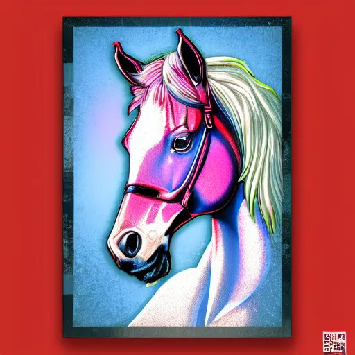 Image similar to digital horse, synthwave palette, highly detailed, anatomically correct equine, retro feel, portrait, digital art