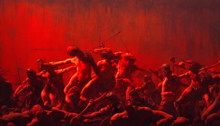 Image similar to only with red, gladiator battle in a crowded roman amphitheatre, crowd cheering, in the style of beksinski and edward hopper and rodcenko and yue minjun and cory loftis, intricate and epic composition, red by caravaggio, highly detailed, masterpiece, red light, artstation, art nouveau