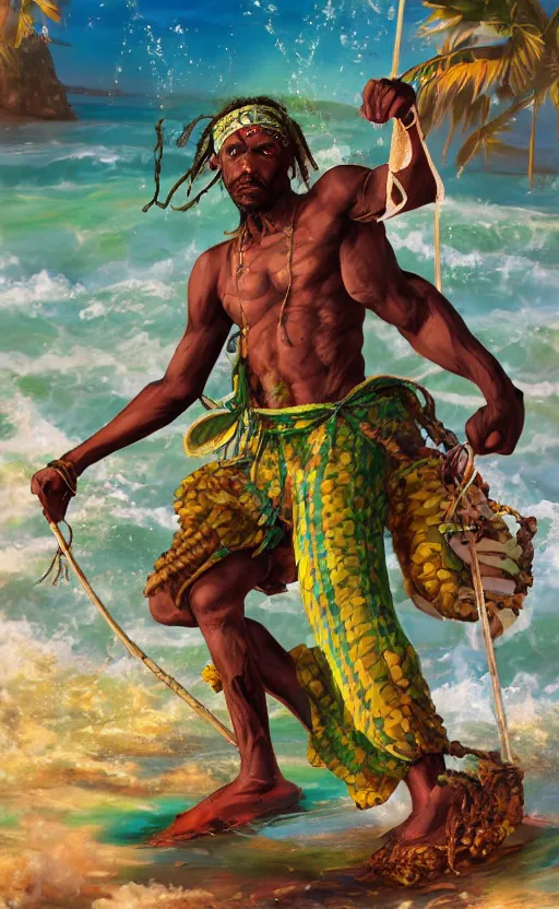 Prompt: character concept of a singular Jamaican fisherman wearing calico cloth and posing in a battle stance in the Jamaican sea, symmetrical face, dreadlocks, colors of Jamaica, cinematic, by Ross Tran and Artgerm and Peter Mohrbacher