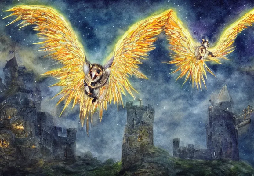 Image similar to legendary fire winged possum flying over a medieval forest castle at night under the dark starred sky, dark fantasy, watercolor, dreaming illusion, highly detailed, 4k, trending on Artstation