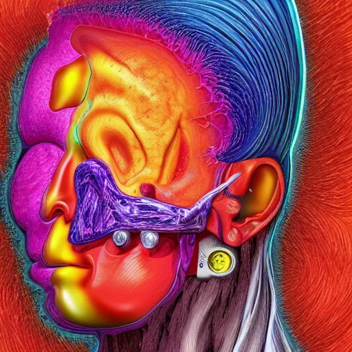 Prompt: insides of an opened human head turn into a huge coloured power explosion, hyperrealistic medical photo, anatomically correct, realistic textures, 8 k,