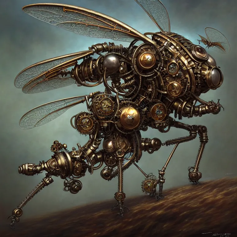 Image similar to steampunk robot mosquito, unreal engine realistic render, 8 k, micro detail, intricate, elegant, highly detailed, centered, digital painting, artstation, smooth, sharp focus, illustration, artgerm, tomasz alen kopera, peter mohrbacher, donato giancola, joseph christian leyendecker, wlop, boris vallejo